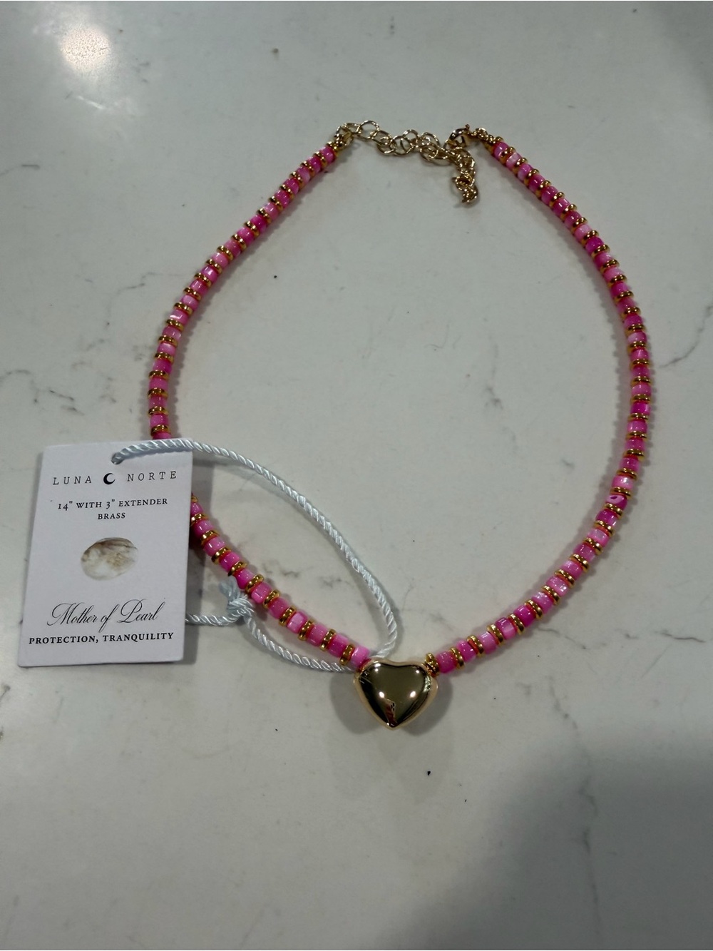 Luna Norte Pink Beaded Heart 17” Necklace with Gold Heart Pendant